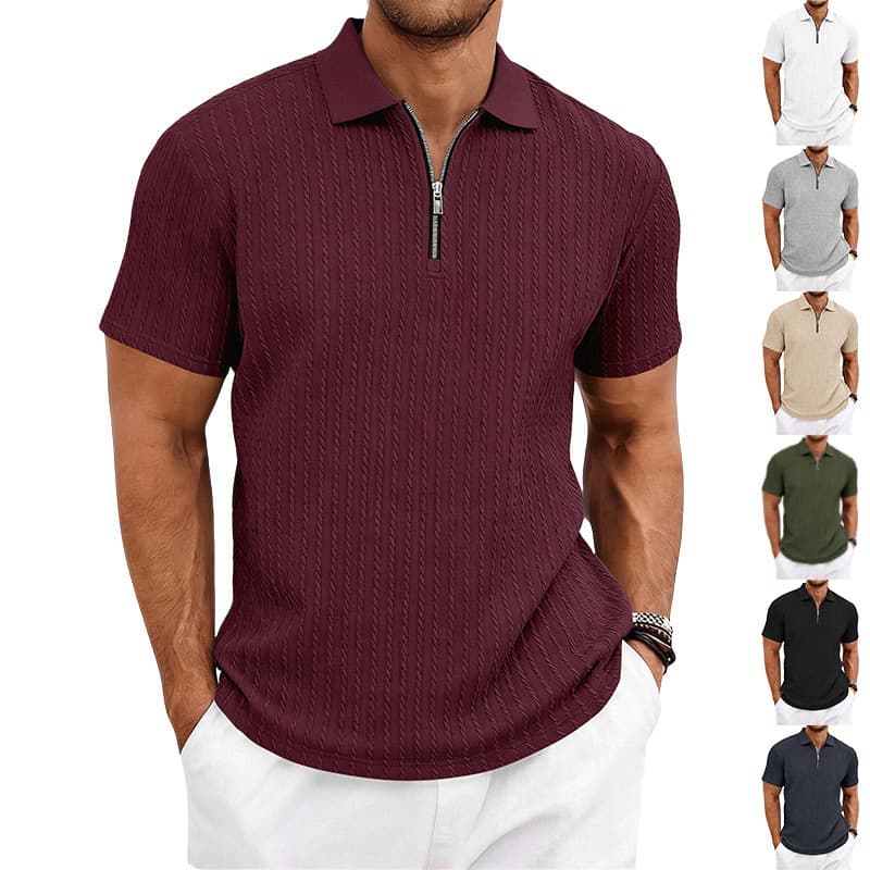 Men's Clothing Summer Casual Knitted Textured Golf Polo Shirt For Men Zip Up Short Sleeved European American Style Commuter Wear