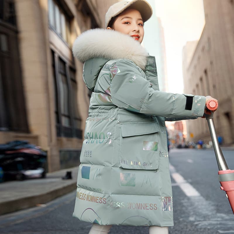 New Style Girls' Cotton Padded Jacket Children's Winter Hooded Jacket Internet Celebrity Big Children's Winter Cotton Padded Jacket Mid Length