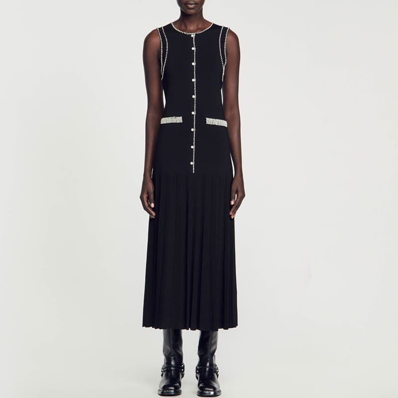 Luxury Beaded Knit Midi Dress – Elegant High-Waisted Slit Maxi Dress ​Subtle Slit & Button Accents​​