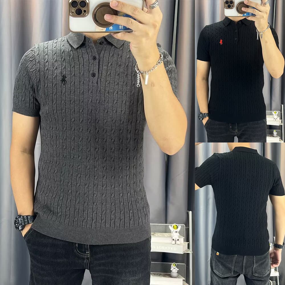 Men's Polo Knit Shirt Short Sleeve With Cable Stitch & Equestrian Embroidery - Old Money Style Summer Casual Shirt