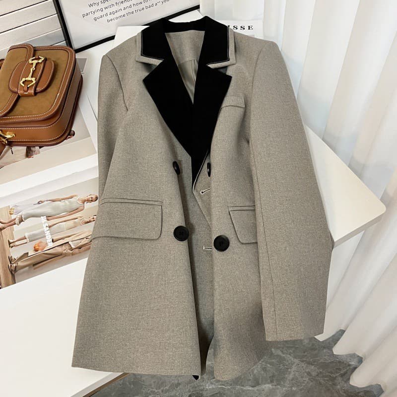 Women's Clothing Drizzle Gray Retro Design Suit Jacket Women's Temperament Spring And Autumn New Style Splicing Design Niche Suit