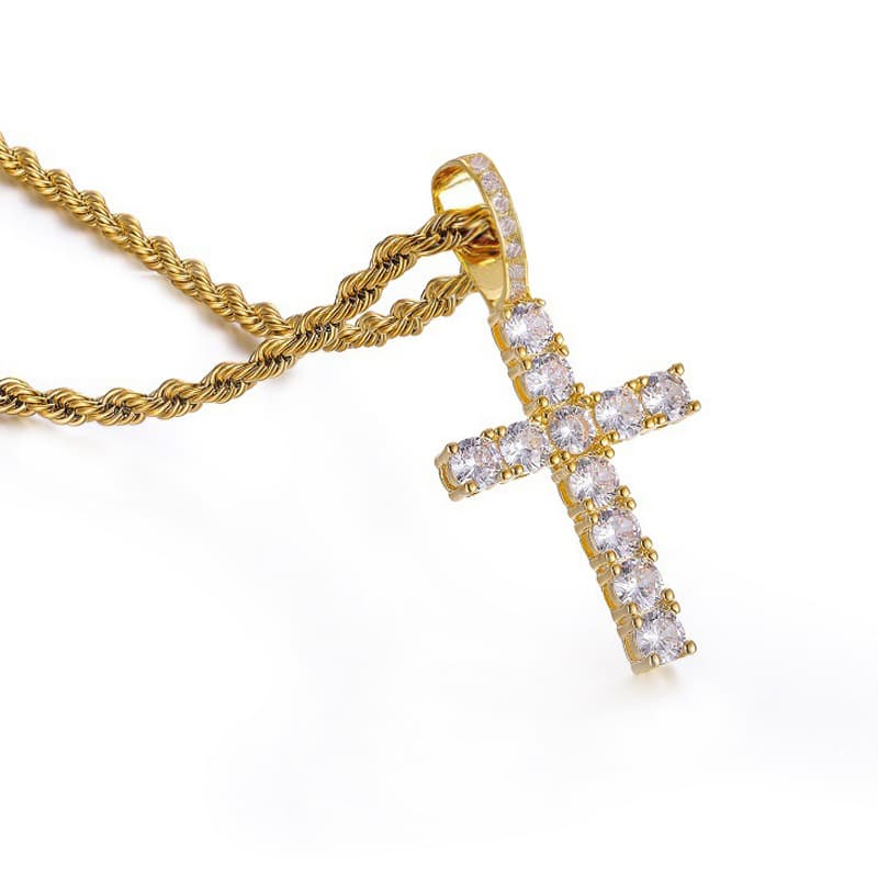 Hot Sale Men's Hip Hop Cross Braided Stainless Steel Gold Plated Rhinestone Necklace