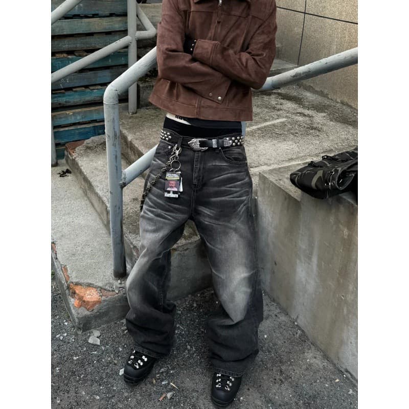 Men's Vintage Washed Black Baggy Jeans – Retro Distressed Denim Pants With Cat Whiskers & Clean Fit Drop Hem