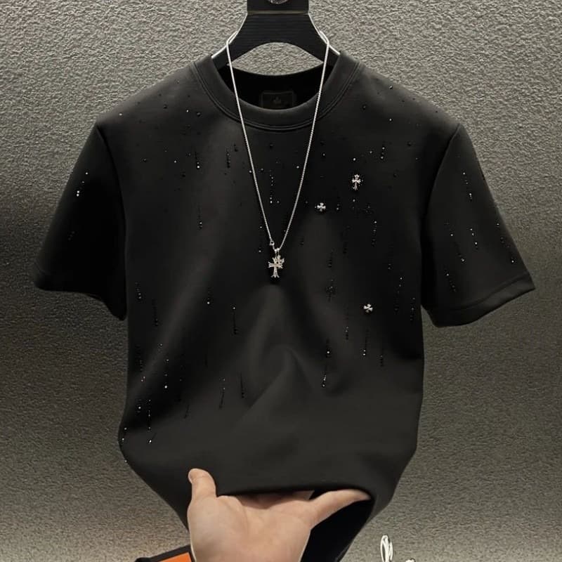 T-shirt de luxe à manches courtes pour homme, collection printemps 2025, col rond, orné de météorites et de strass, en polyester haut de gamme pe