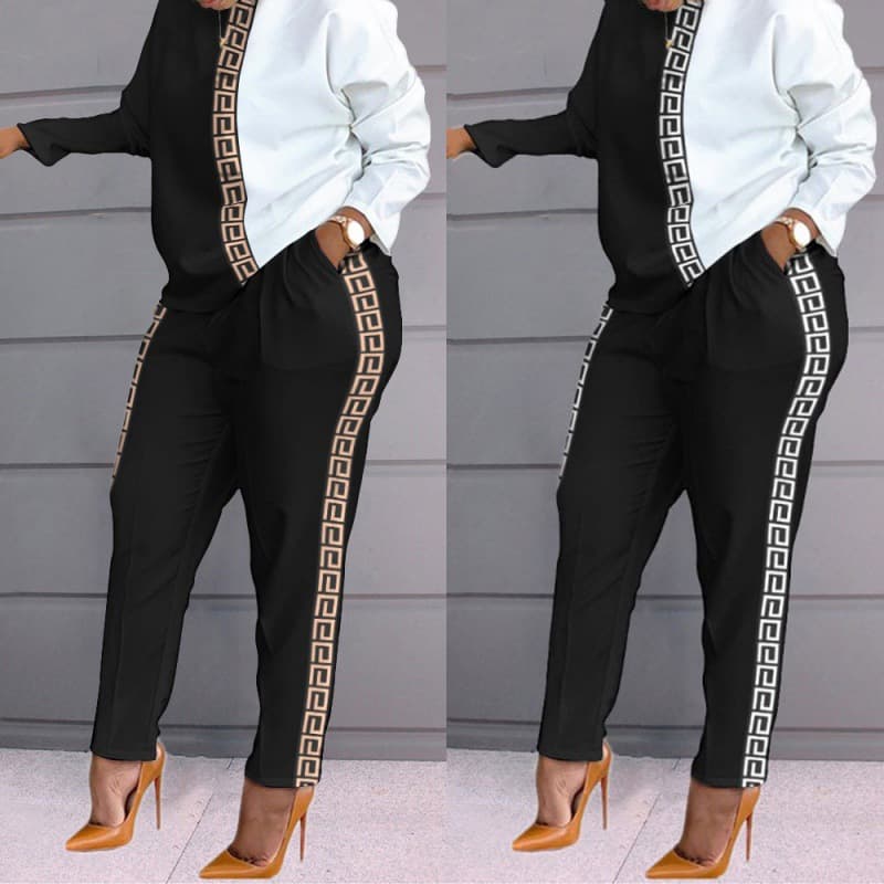Women's Autumn And Winter New Fashion Contrast Printing Long Sleeve Loose Casual Suit