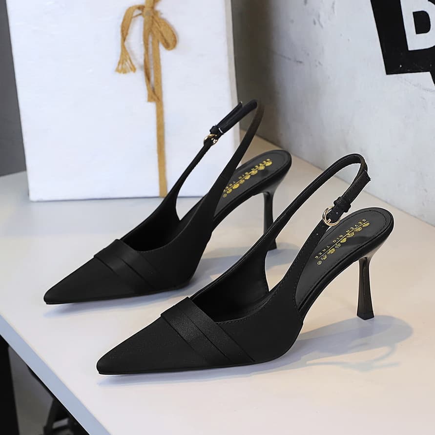 7317-A3 European And American Style Banquet Pointed Satin Stiletto High Heels With Hollow Back Strap Shallow Mouth