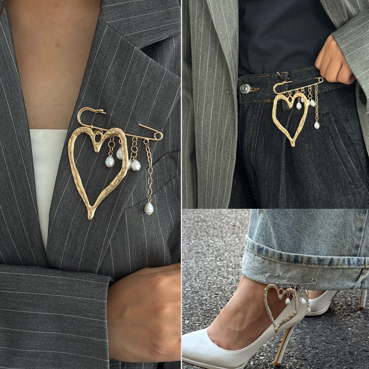 INS European And American Lava Heart Pendant Brooch For Women Exaggerated Liquid Sweet Cool Pearl Pants Chain Clothing