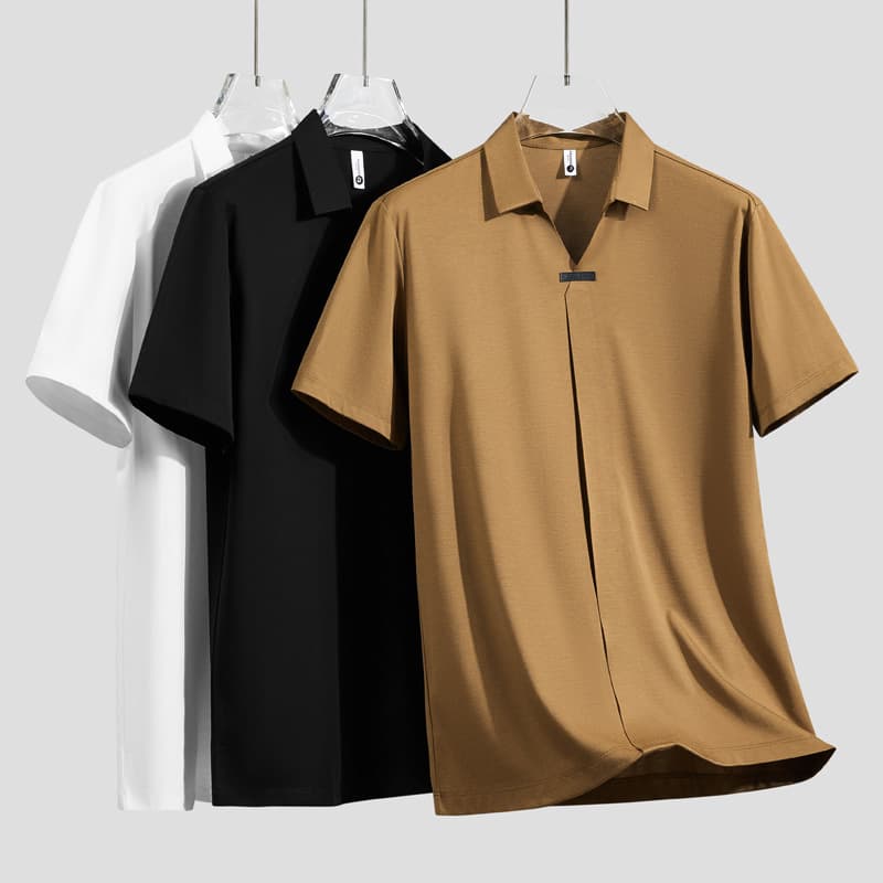Ice Silk Seamless Pressure Glue Short Sleeved POLO Shirt For Men's Business And Leisure Non Ironing V-neck Shirt Collar T-shirt