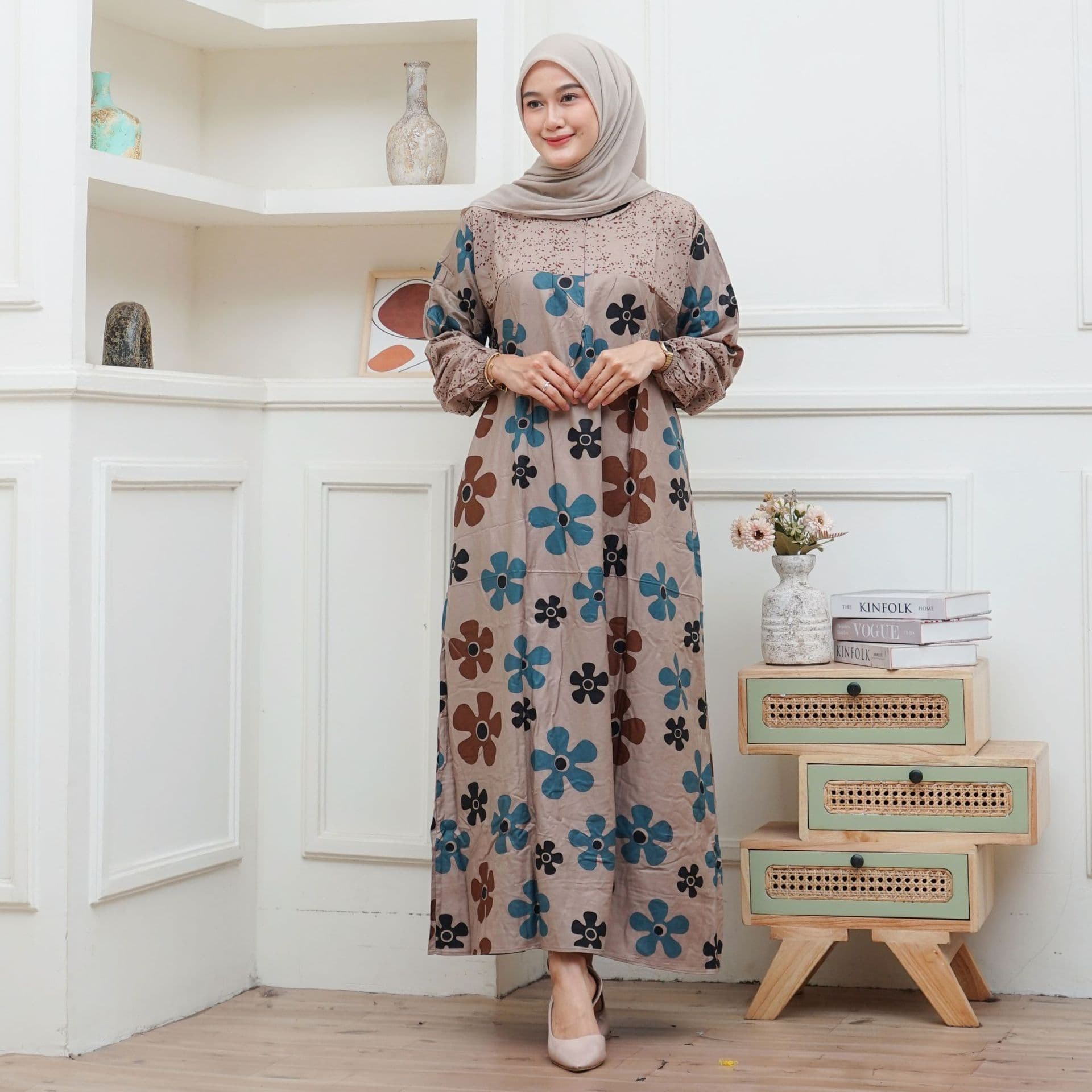 Bohemian Floral Maxi Dress – Loose Fit Long Sleeve With Ethnic Print (S-5XL, Polyester Blend, Round Neck)