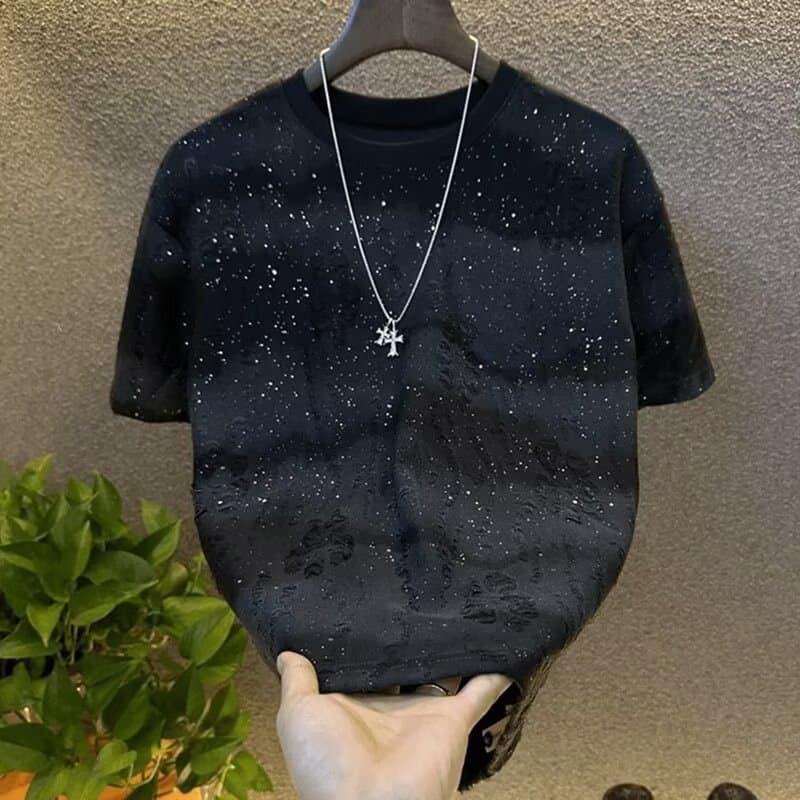 Unisex Glitter Gradient Short Sleeve T-Shirt Distressed Star Print Crewneck Top Loose Fit Breathable Fabric for Summer