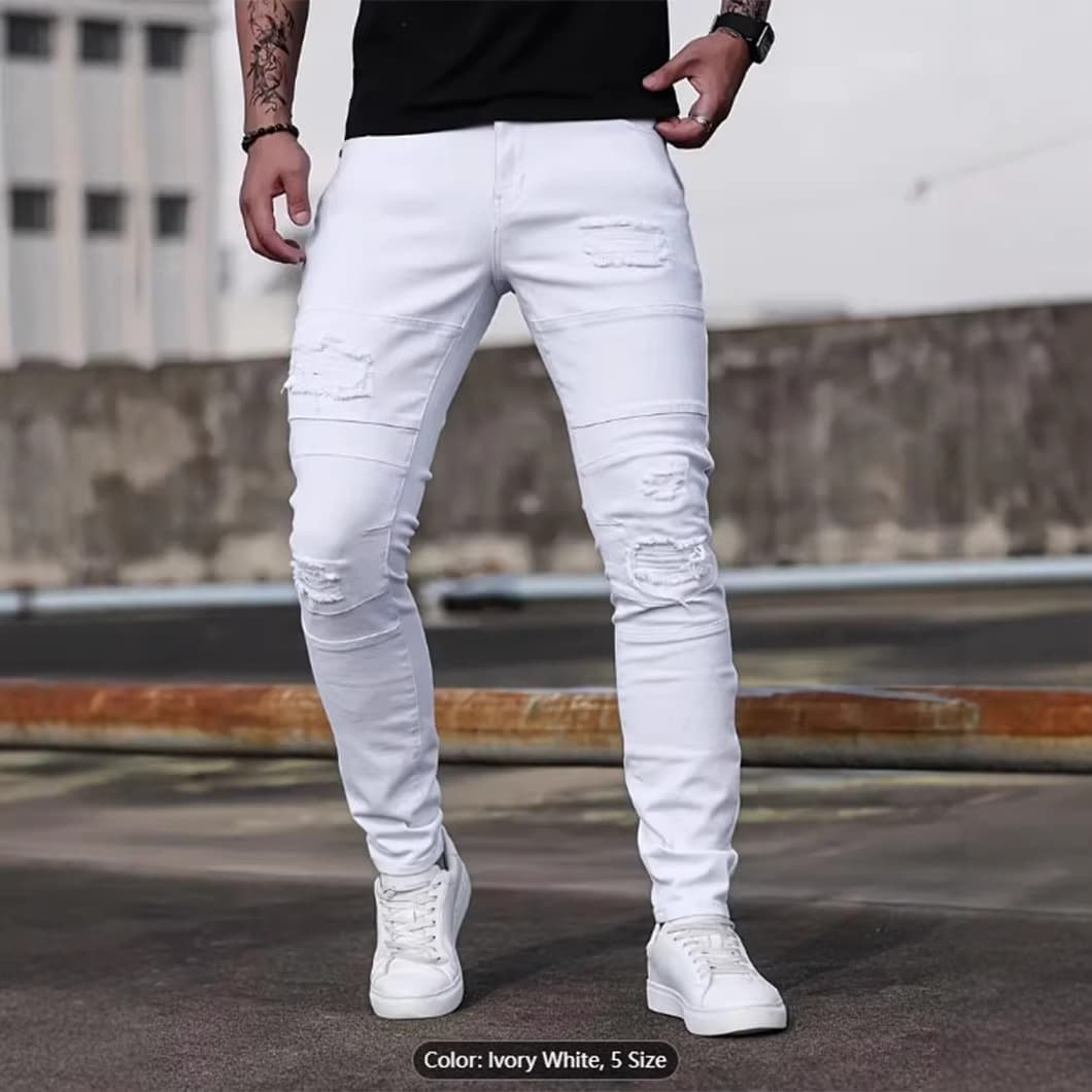 High Street Slim Fit Stretch Denim Jeans for Men Casual Skinny Jeans White Comfortable Elastic Fabric