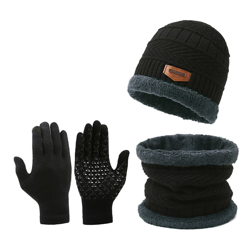 Thickened Cross-Border Knitted Touchscreen Woolen Gloves Non-Slip Winter Scarf Hat Fleece-Lined Three-Piece Set Warm