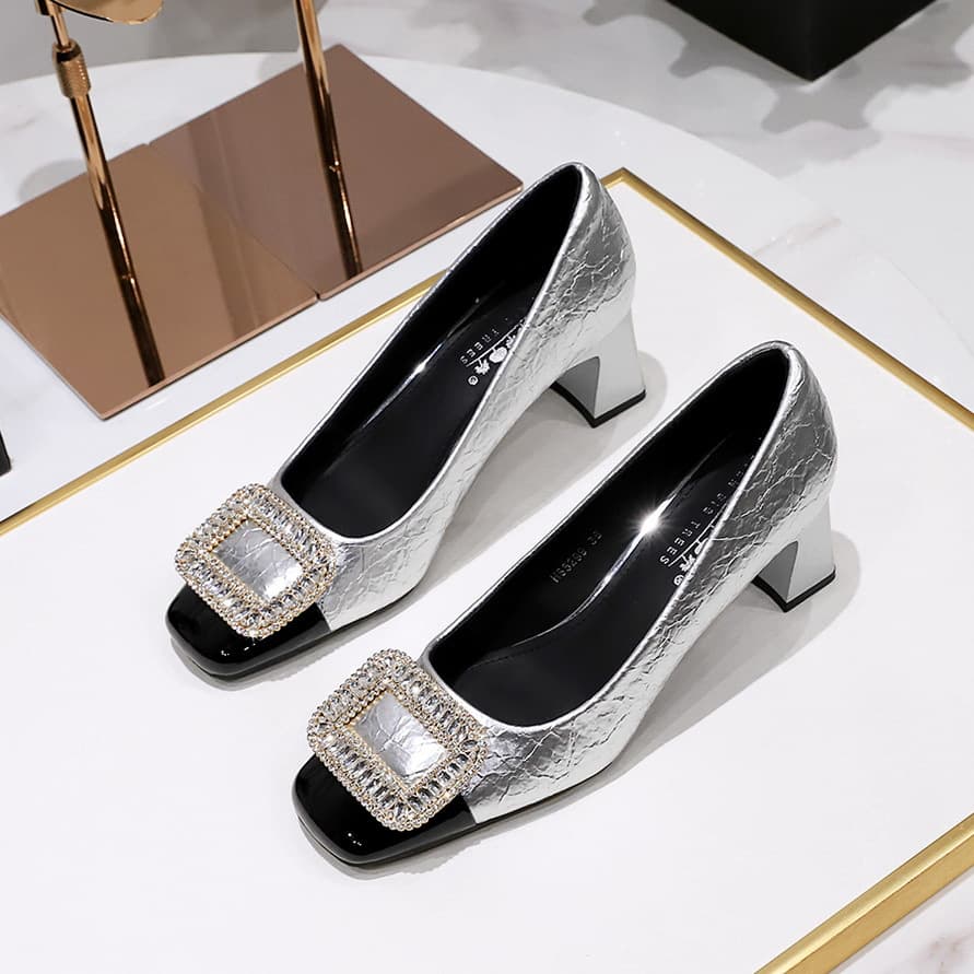 5299-K32 Korean Style Light Luxury Women's Chunky Mid Heel Shallow Mouth Burst Pattern Patchwork Square Toe Metal