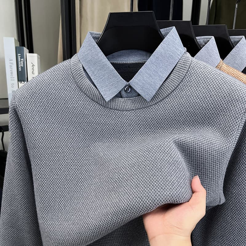 2026 2025 Autumn Winter New Two-Piece Men's Long Sleeve Fleece Lined Thickened Solid Color Simple Base Shirt Top