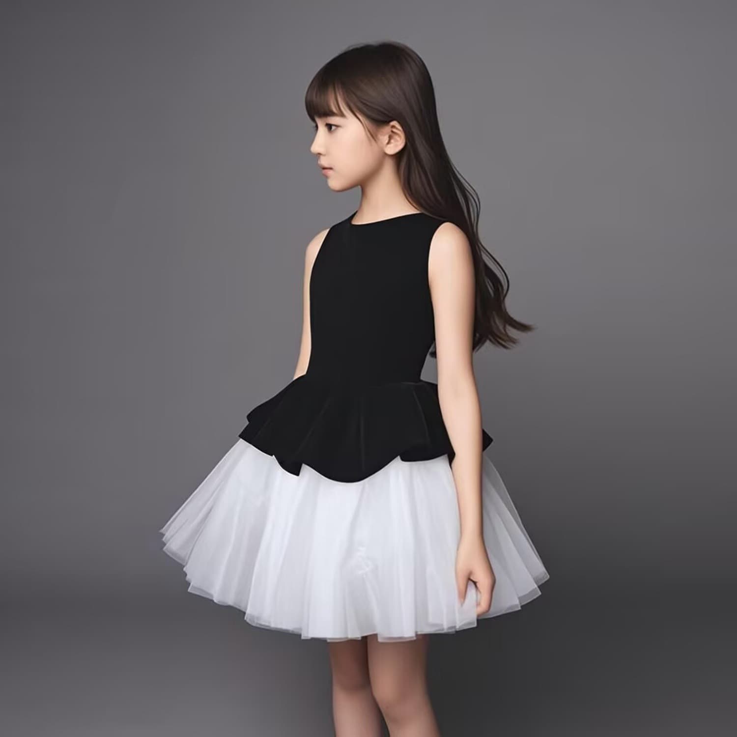 ​​Elegant Black & White Sleeveless Dress For Girls - Princess-Style Party Gown For Birthday, Violin Recital, And Host Events​​