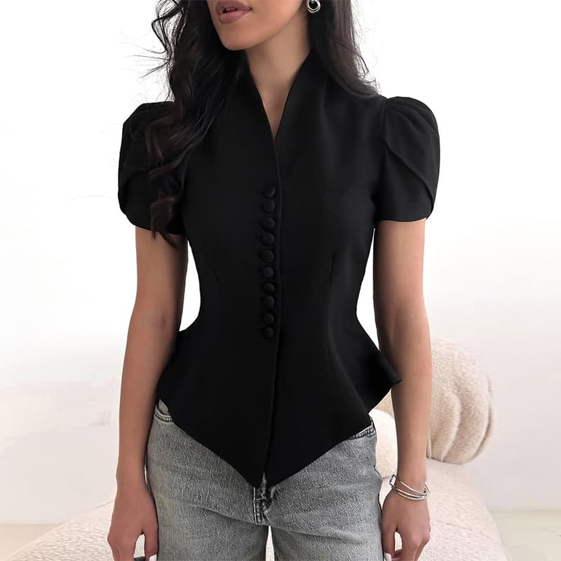 Stylish Asymmetrical Button-Down Short Sleeve Blouse For Women - Spring Fashion With Waist-Defining Design, Breathable Polyester, Slim Fit