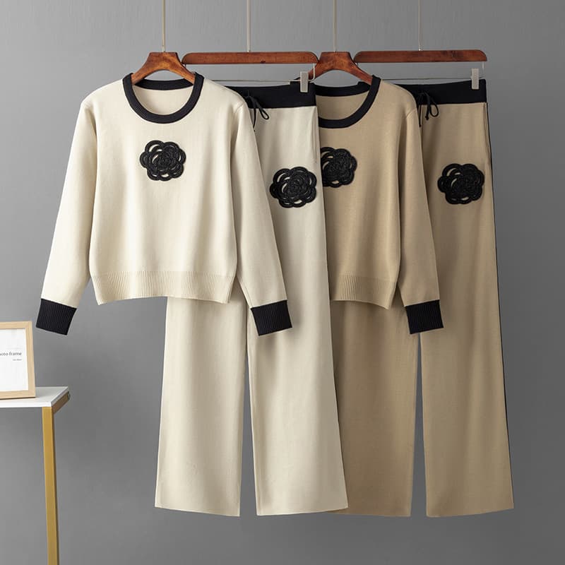 Women's Clothing Fashion Suits For Women In Spring And Autumn, Loose Irregular Knitted Tops, Wide Leg Pants, Two Piece Suits, Embroidery Trendy Brands