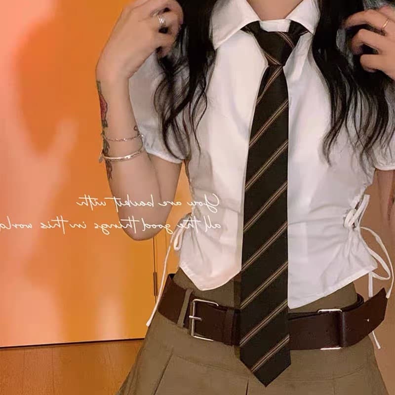 Brown Striped For Women JK College Style Lazy No-Tie Shirt Accessory Coffee Color Hand-Tied Tie