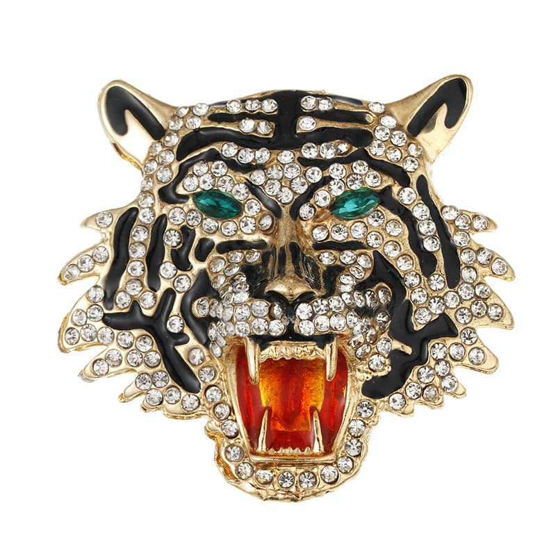 Men's Unique Creative Diamond-Studded Dominant Brooch Twelve Zodiac Tiger Head Animal Pin Necklace Dual-Use