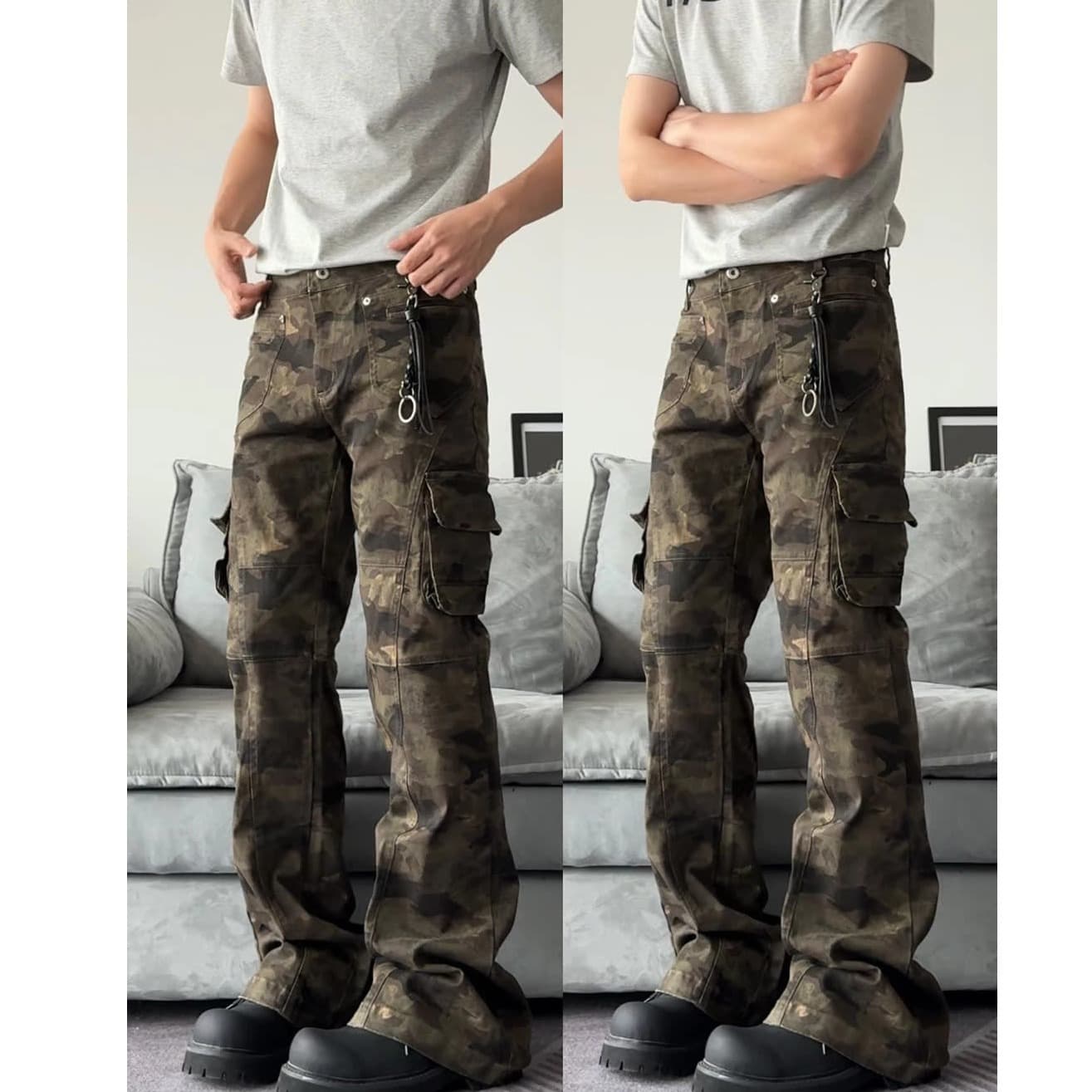 Pantalon cargo camouflage rétro pour homme et femme – Pantalon de jogging tactique militaire multi-poches coupe slim avec jambe évasée
