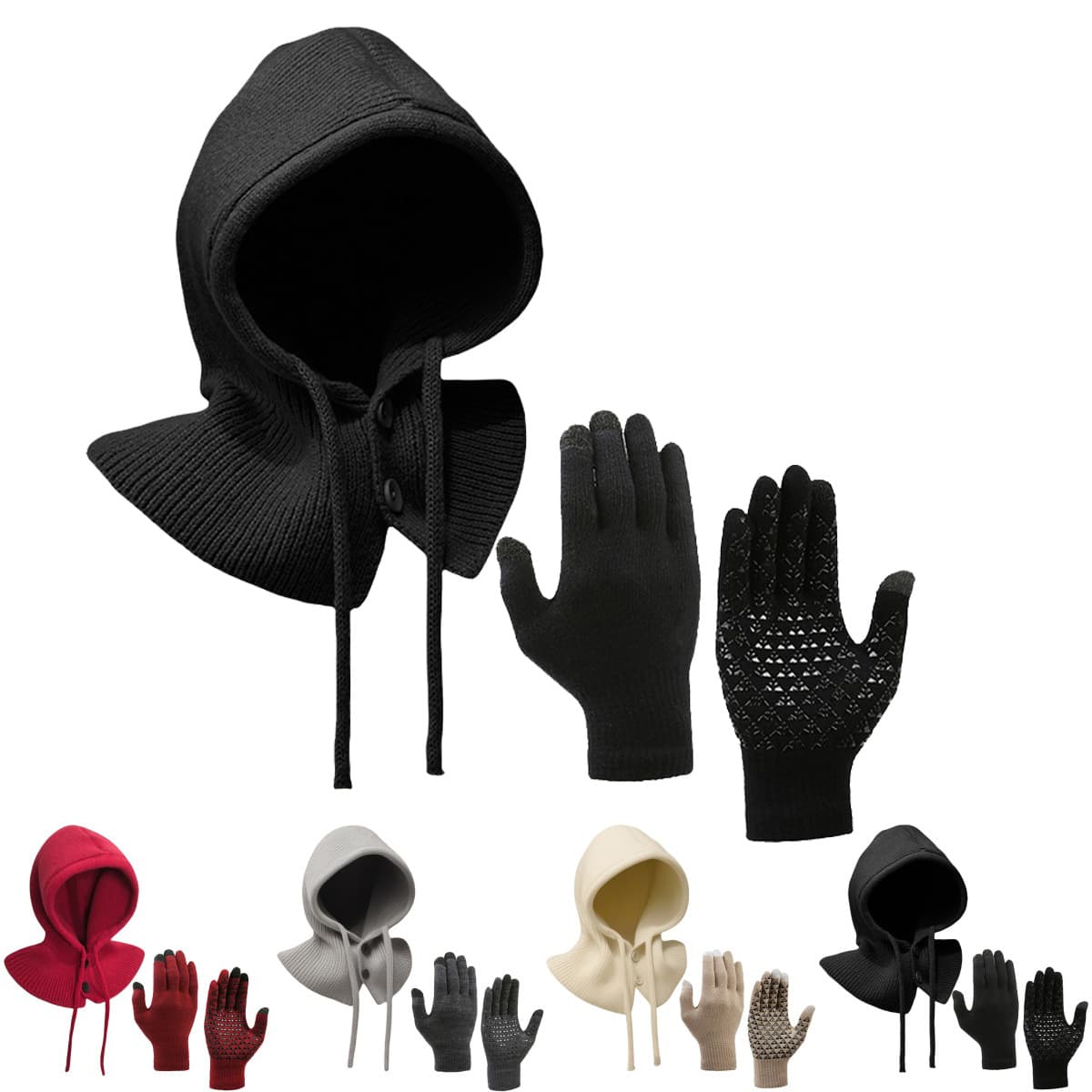 2 Piece Set New Winter Hat Touch Screen Gloves Autumn And Winter Pullover Shawl Thick Warm Neck Scarf Knitted Headband