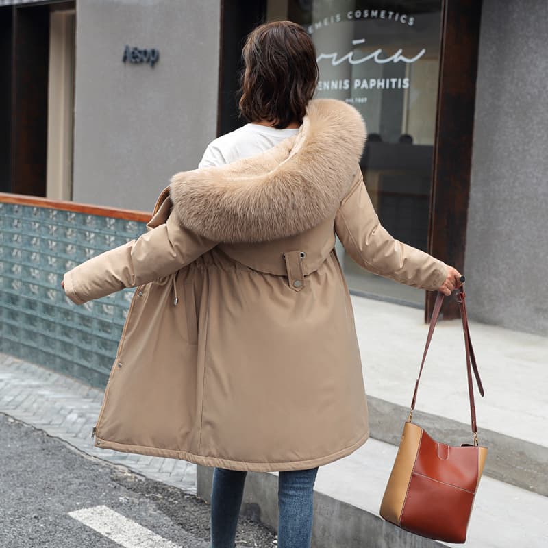 Vêtements pour femmes 2024 hiver nouveau style Parker coton manteau femme mince mi-longueur grand col en fourrure plus velours doublé coton manteau