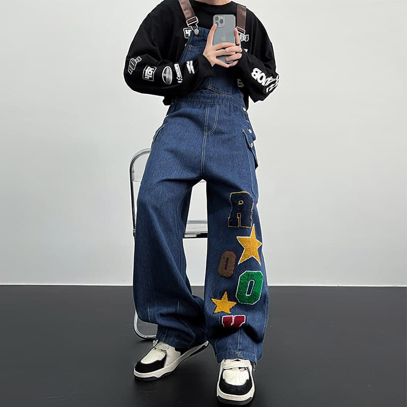 Man's Clothing Denim Overalls Men's One-piece Fashion Brand Casual Wash Embroidery Ruffle Handsome Loose Cargo Suspenders Pants