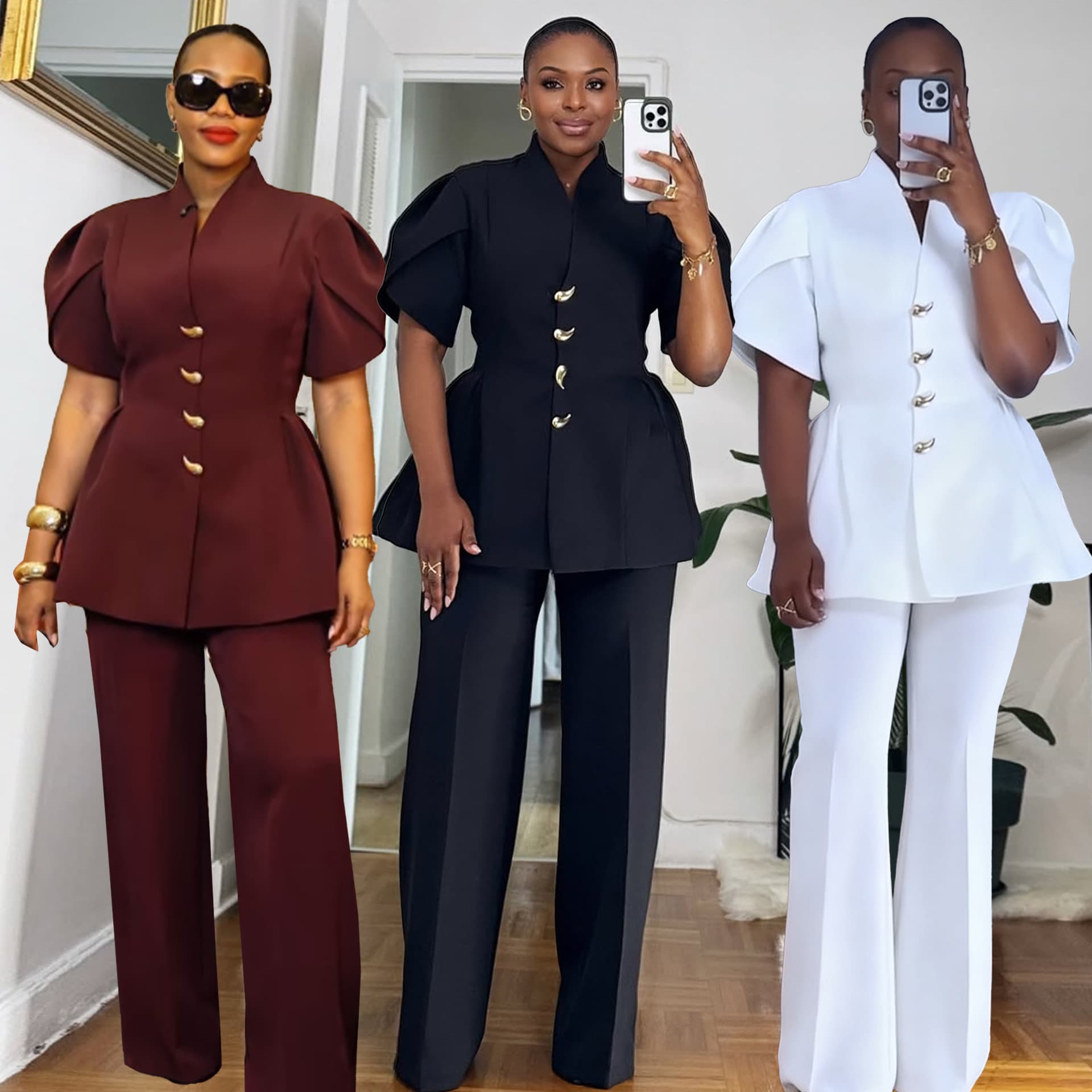 Women's Clothing Elegant Commuter Two Piece Set With Puff Sleeves And Unique Buttons For Women For Formal & Casual