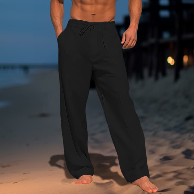 Men's Linen Beach Pants - Summer Solid Color Breathable Casual Trousers (Beige/Khaki/Black)