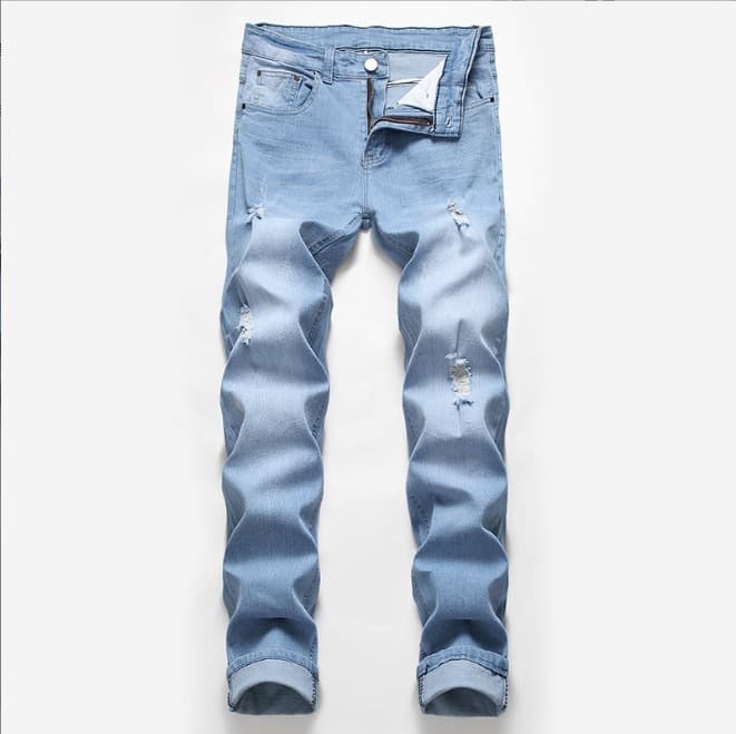 Men's Distressed Black Stretch Jeans Plus Size Light Color Trendy Mid Waist Wide Leg Trousers Machine Washable Cotton