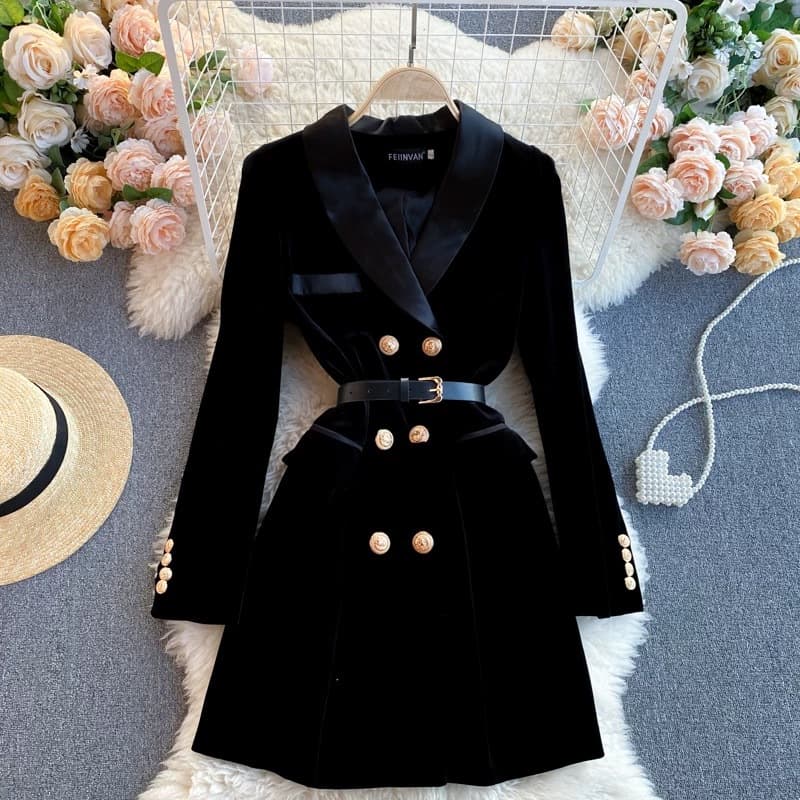 Velvet Blazer Dress – Double-Breasted Winter Dress With Notch Lapel (S-2XL, Elegant Office Wear, British-Inspired Style)​