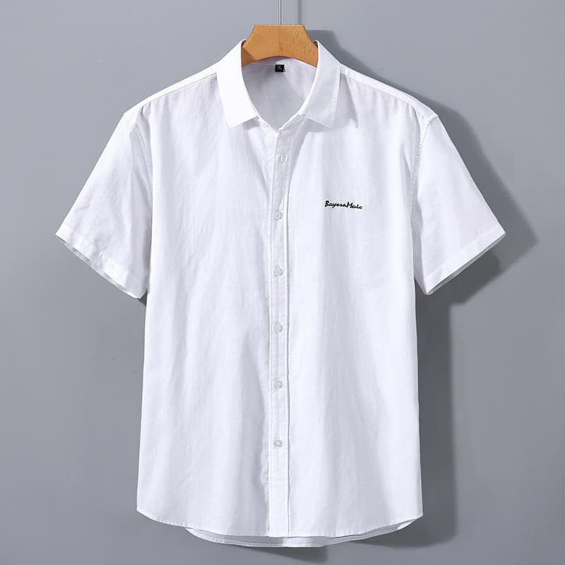 American Style Heavyweight Short Sleeved Shirt, Men's Summer Lapel Embroidered Casual Inch Shirt, Solid Cotton Material, White Shirt, Men's