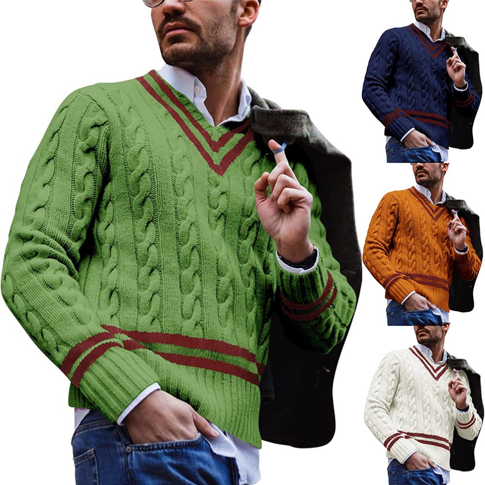 V-neck Striped Color Matching Knitted Sweater Autumn And Winter Fashion Men's Clothing