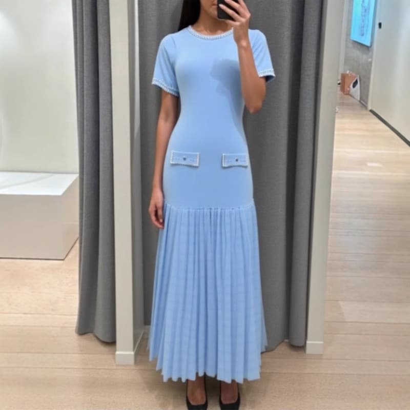 Elegant Round Neck Short Sleeve Knit Dress With Embellishments – Flowy High Waist Maxi Dress For Women