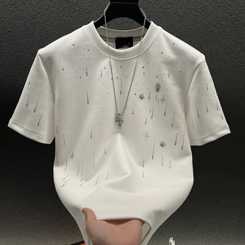 T-shirt de luxe à manches courtes pour homme, collection printemps 2025, col rond, orné de météorites et de strass, en polyester haut de gamme pe
