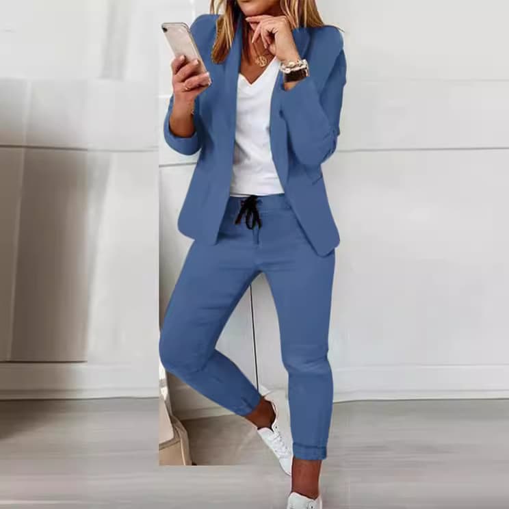 Blazer bleu élégant pour femme, manches longues, cardigan ouvert sur le devant, couleur unie, tenue de bureau décontractée et élégante