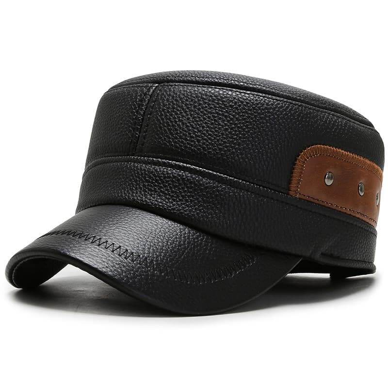 New For Middle-aged And Elderly Men PU Old Man With Ear Protection Warm Flat-top Lei Feng Cotton Hat Baseball Cap