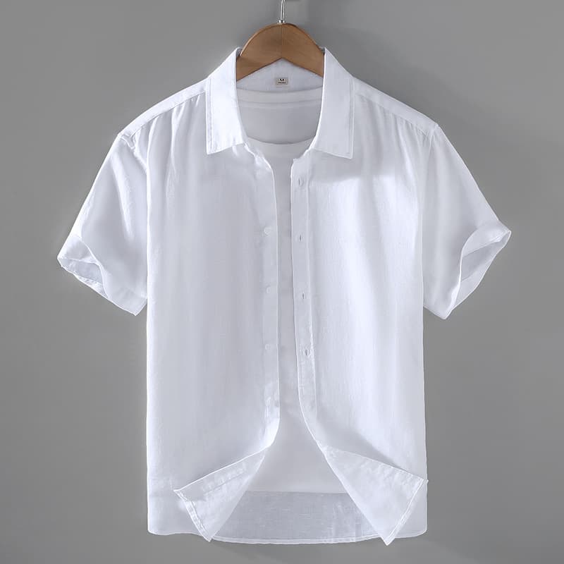 Summer New Men's Linen Short Sleeved Shirt Square Collar Casual Cotton Linen Shirt Linen Material Solid Color Top