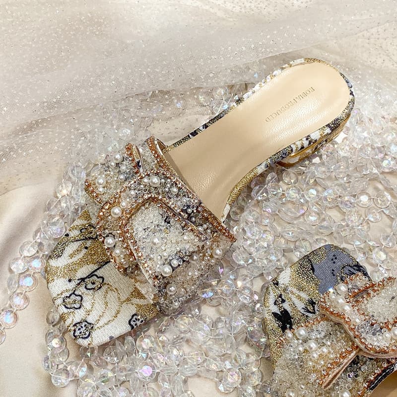 Women's Chunky Heel Sandals Rhinestone Slippers Flat Thong Slippers Summer Fashion Outerwear
