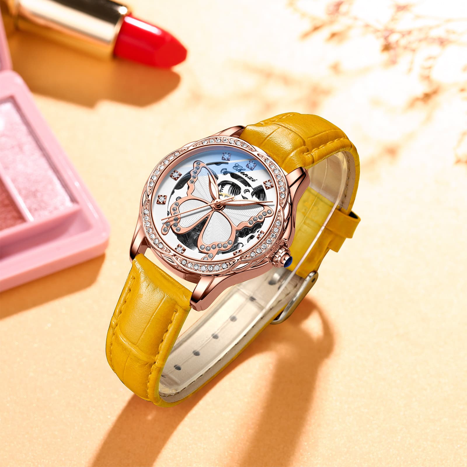 2023 New Hot Selling Orange Butterfly Dial Fashion Diamond Inlaid Watch Women's Waterproof Fully Automatic Mechanical Watch