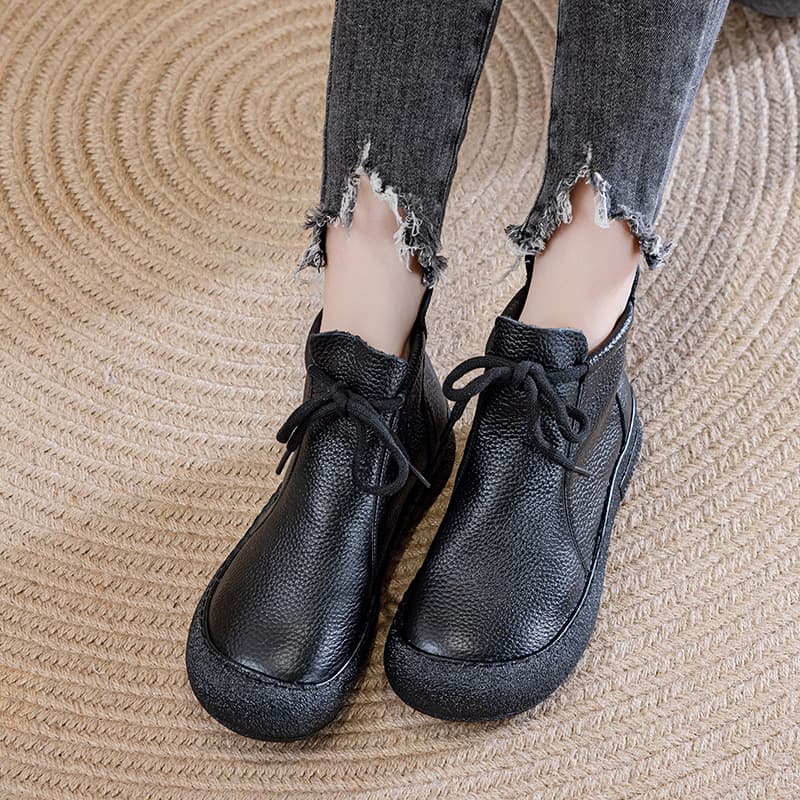 First Layer Cowhide Genuine Leather New Round Toe Versatile Autumn Winter Retro Comfortable Soft Sole Martin Non-Slip