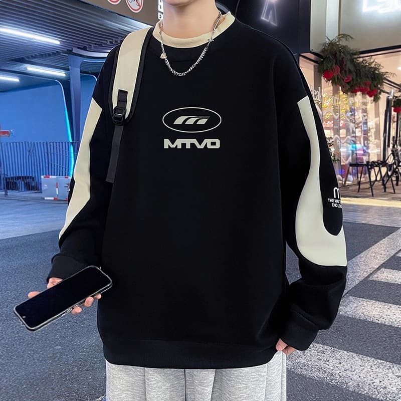 High Street Plus Round Neck Pullover Hoodie, Fashionable Base Shirt, Men's Long Sleeved Top