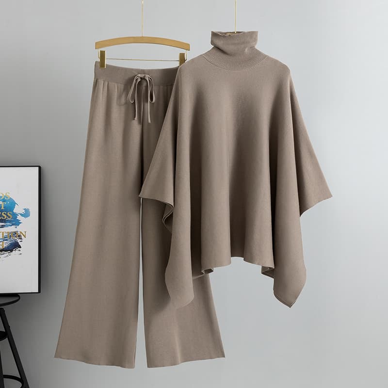 Women's Clothing Autumn And Winter New Two Piece Suit For Women With High Collar Cape, Knitted Sweater, Wide Leg Pants, Temperament Suit