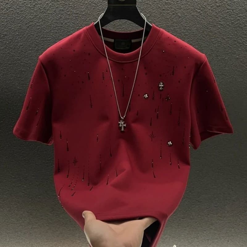 T-shirt de luxe à manches courtes pour homme, collection printemps 2025, col rond, orné de météorites et de strass, en polyester haut de gamme pe
