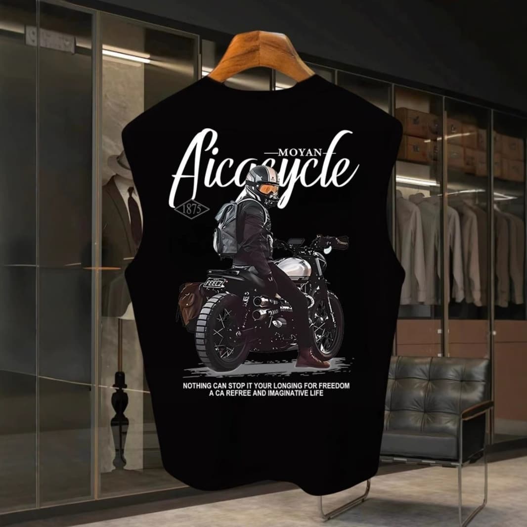 Men's Printed Motorcycle Sleeveless Vest Trendy Breathable Summer T-Shirt Heavyweight Unique One-Piece White Black Polyester