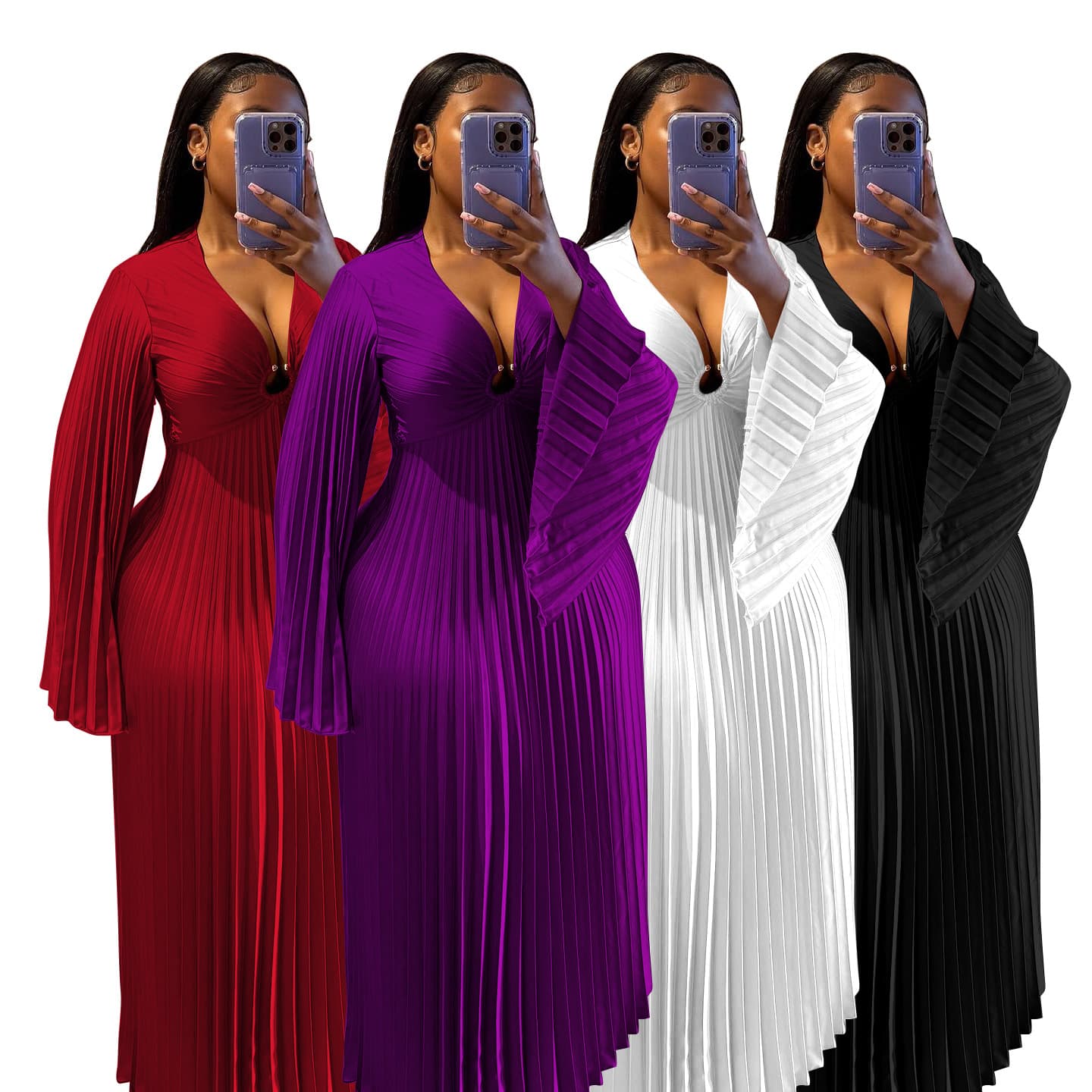 Women's Clothing Elegant Slim Fit Women's Dress V Neck Pleated Long Sleeve Solid Color Casual Spring/Autumn Dress