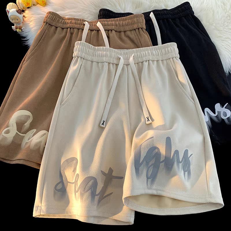 Men's Summer Wide Leg Sports Shorts Black Loose Fit Casual Polyester Teenager Couple Mid Waist Baggy Pants Drawstring