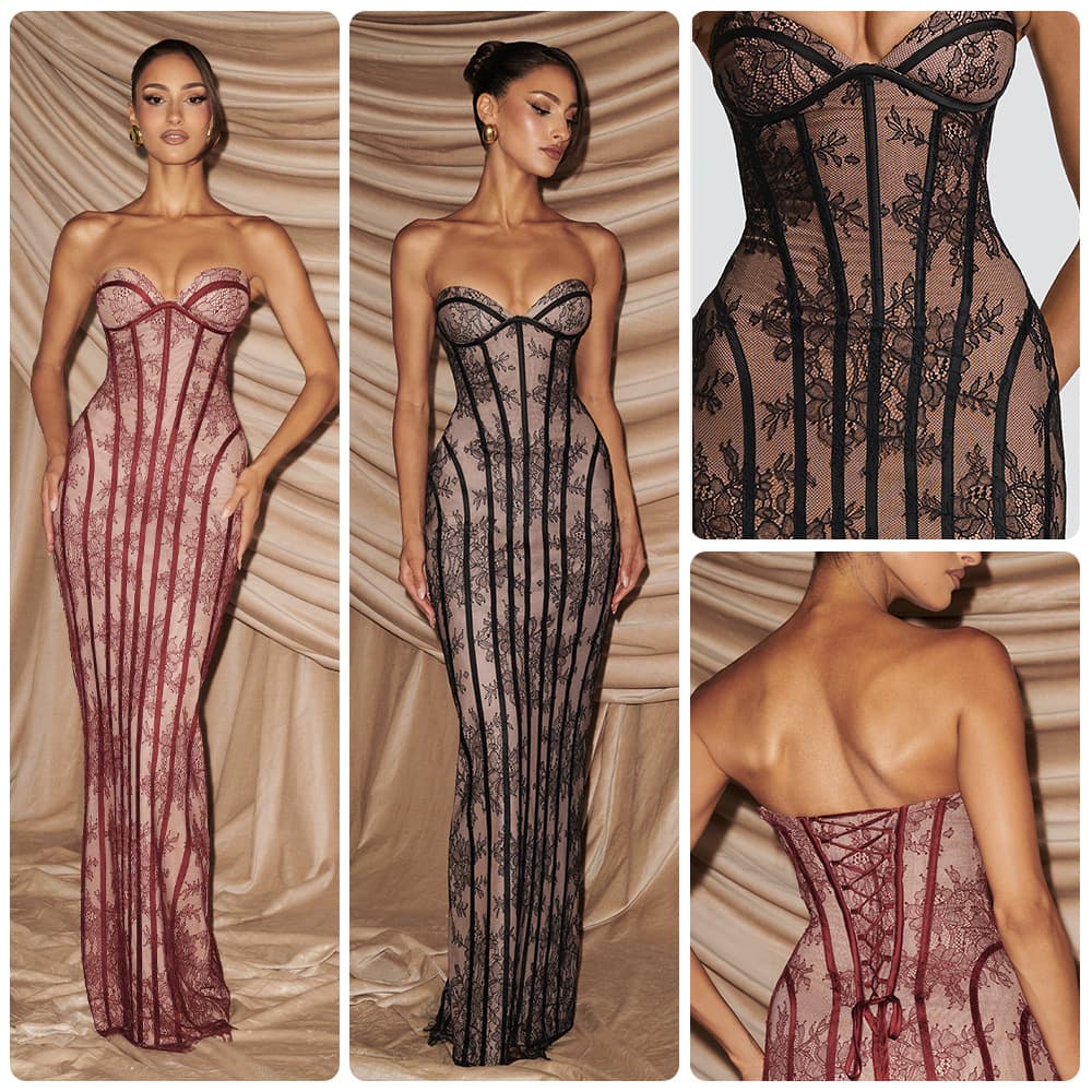 Elegant Lace Long Bodycon Dress For Evening Parties - Stunning High-Waisted Corset Design With Sheer Mesh & Floral Embroidery