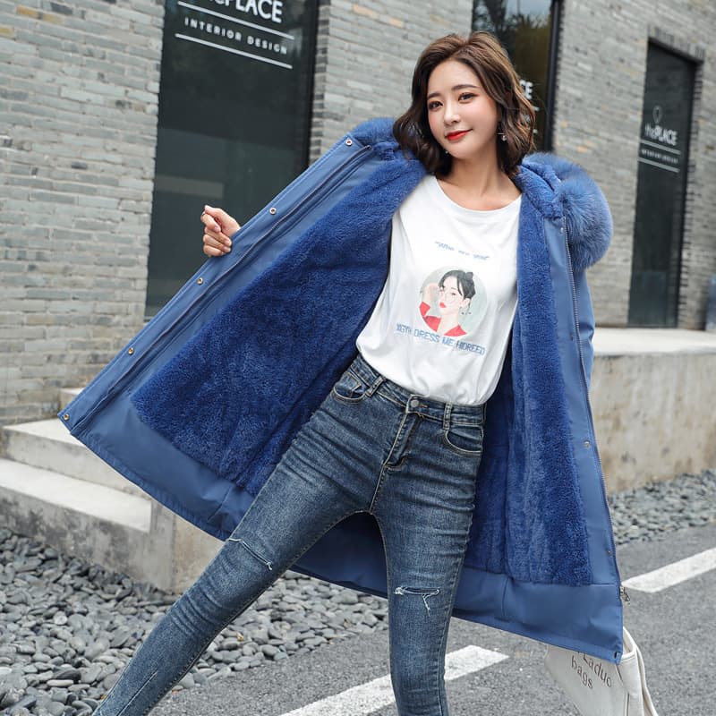 Vêtements pour femmes 2024 hiver nouveau style Parker coton manteau femme mince mi-longueur grand col en fourrure plus velours doublé coton manteau