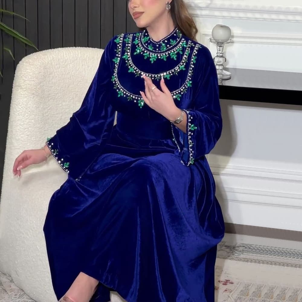 Women's Clothing Saudi Arabia Abaya Robe Velvet Zipper Green Water Drop Diamond Middle Eastern Dress